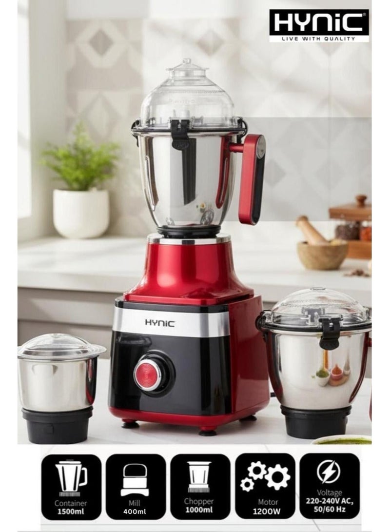 Hynic Chef Pro 1200W Heavy Duty Mixer Grinder | 3 Stainless Steel Jars (1.5L, 1L, 0.4L) with Hands-Free Lid Locks | 100% Copper Motor | 6-Fin Superior Blending Blade & Overload Protection - Image 2